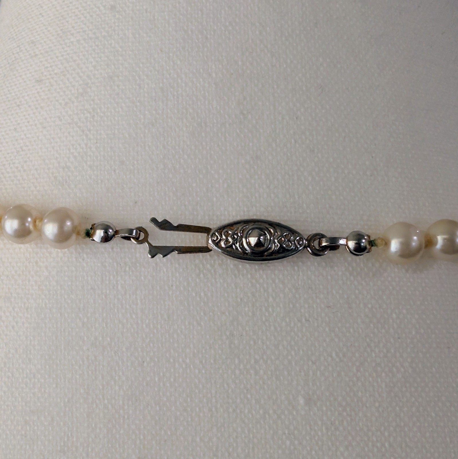 Vintage Glass Pearl Knotted Single Strand + Fish Hook Clasp Necklace 30″