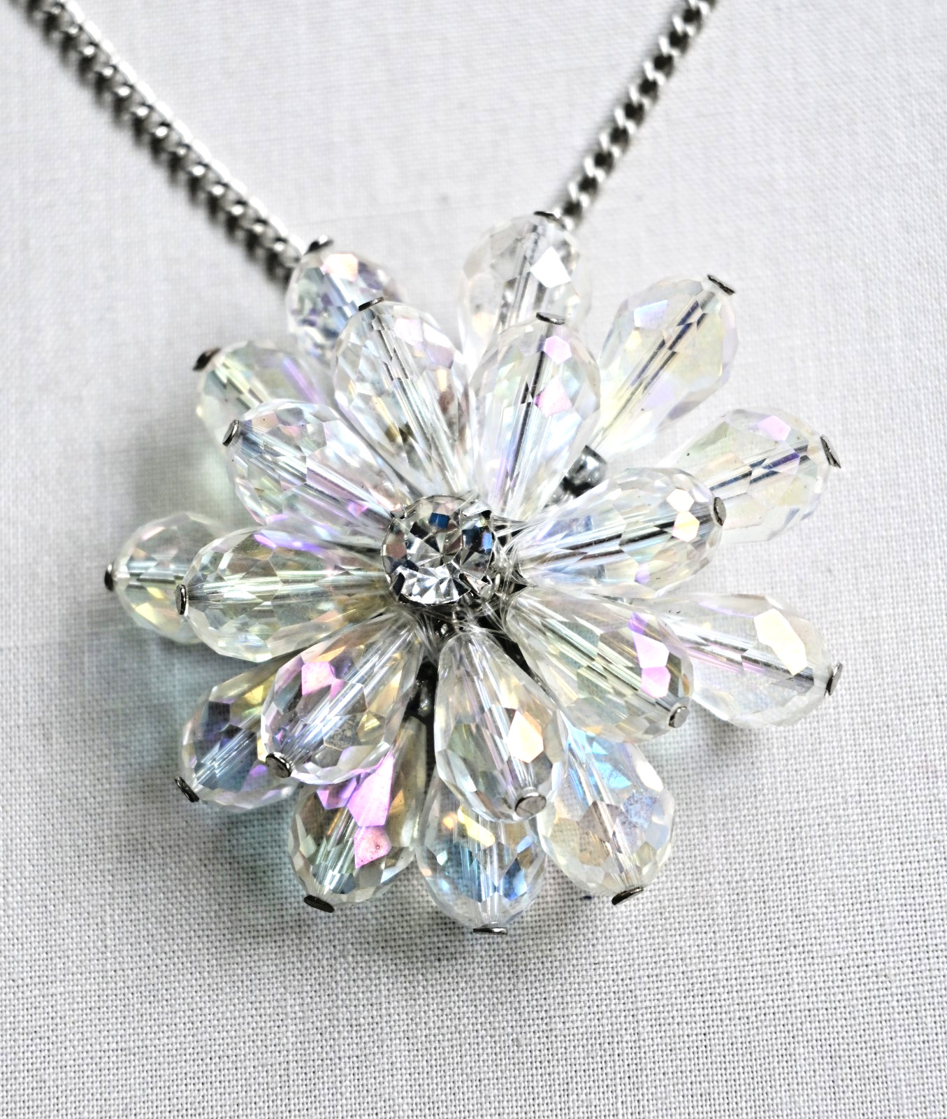 Faceted Aurora Borealis Crystal Glass Large Floral Pendant Flower Necklace