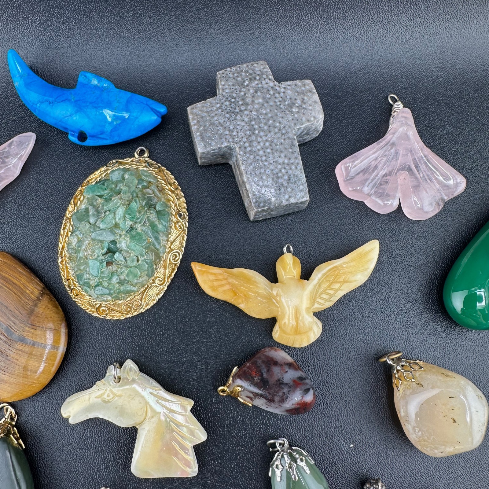 Vintage Gemstone Pendant Charm Lot Jade Quartz Agate Tigers Eye Jasper 25+