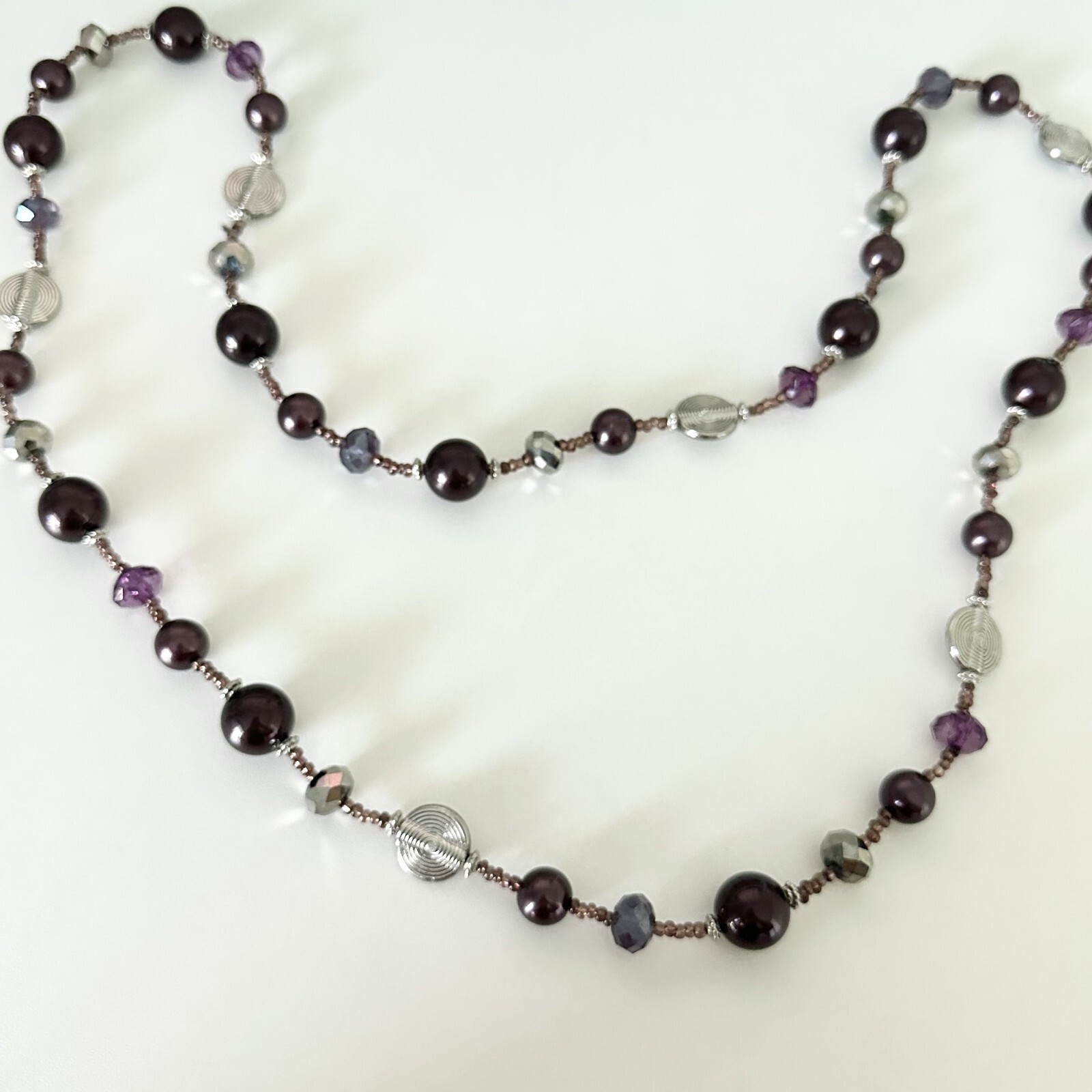 Vintage Purple & Silver Faceted Crystal Plum Acrylic Beaded Long Necklace 42″