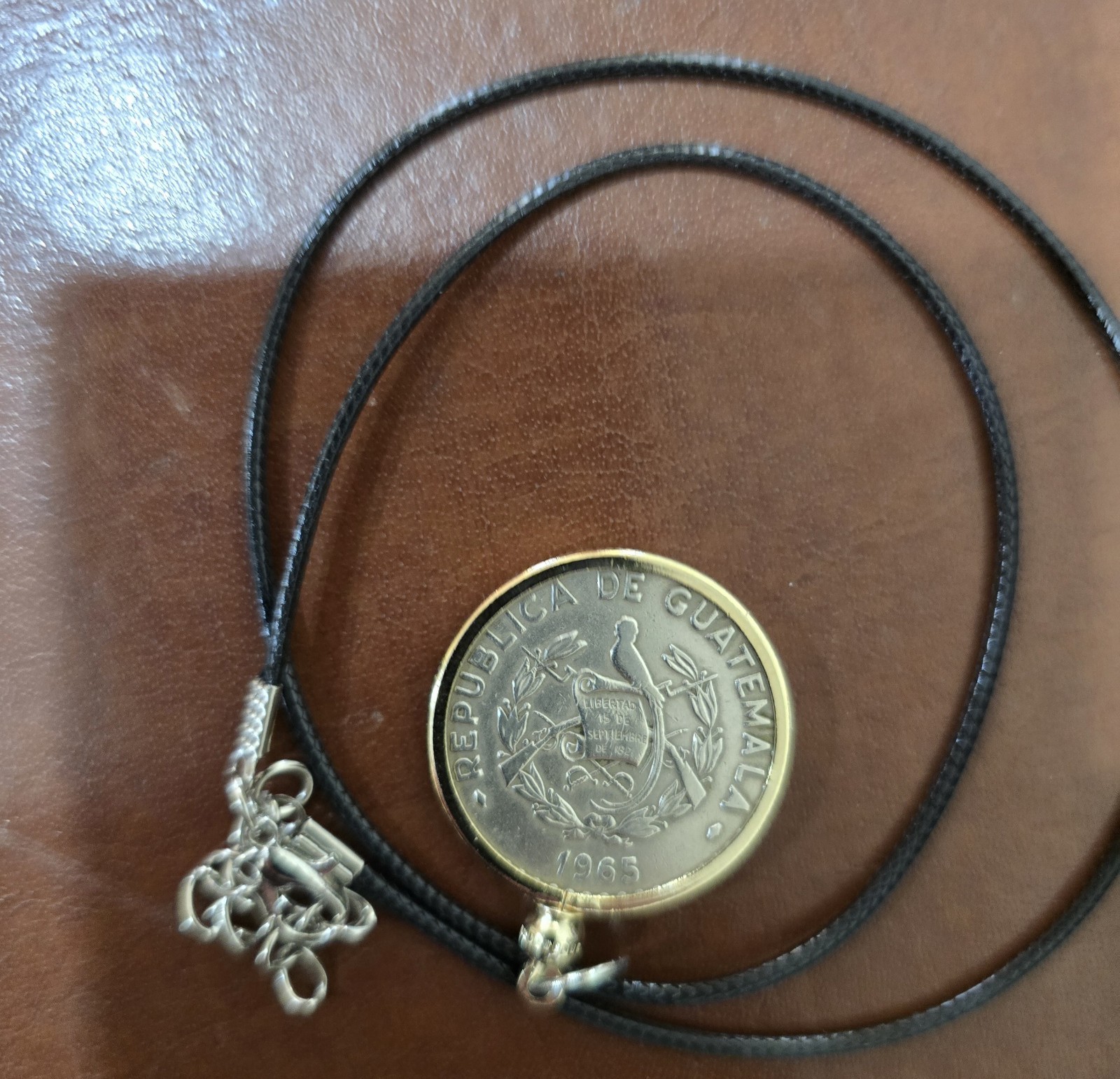Coin Pendant Necklace Guatemala 1965 with Black Cord Vintage Jewelry Gift