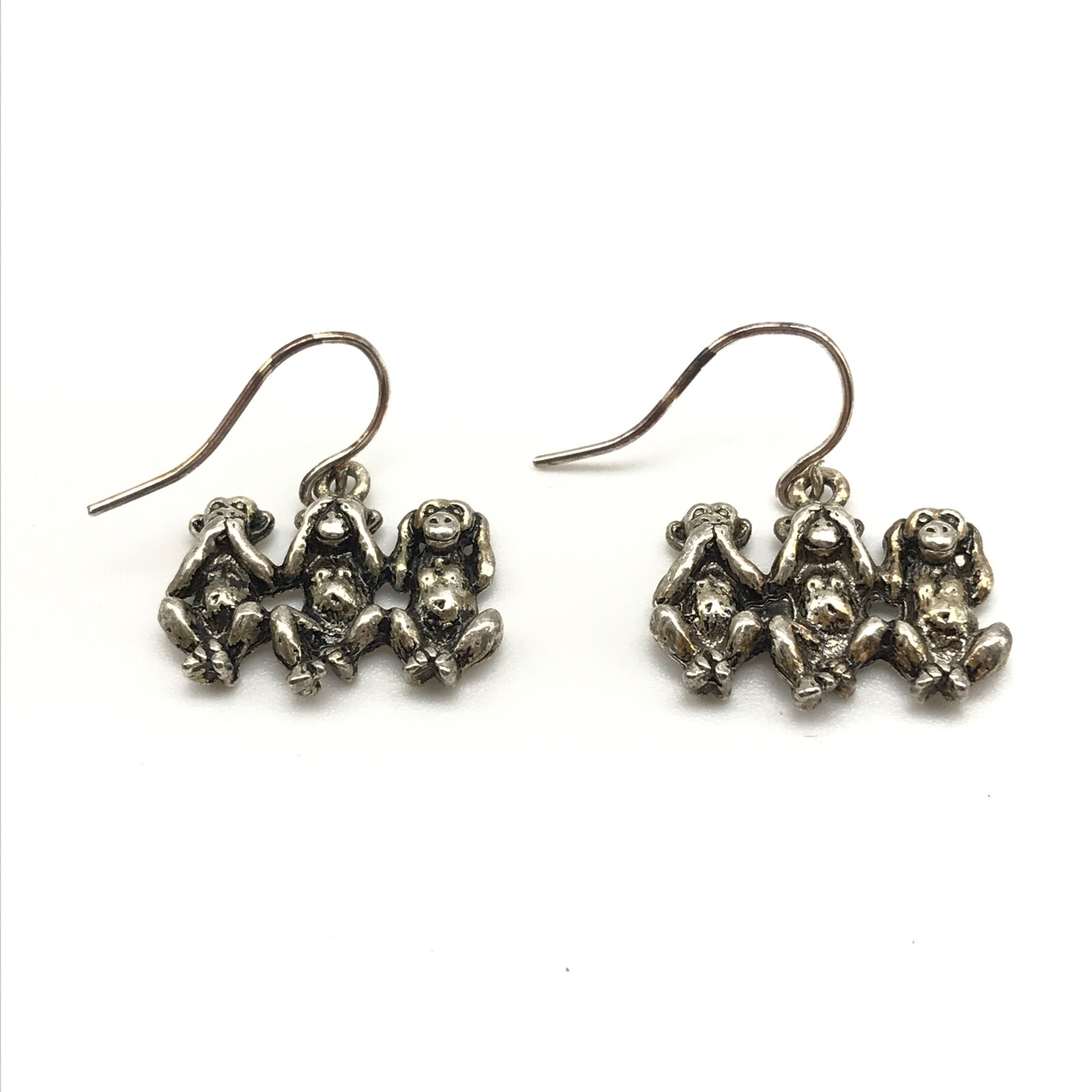 Vintage Silver Tone Triple Monkey Animal Themed Dangle Earrings