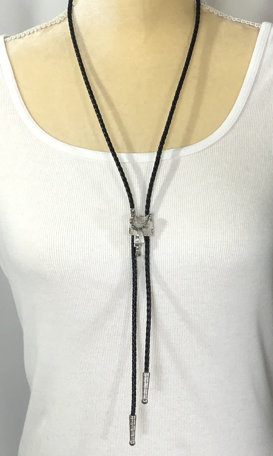 Saddle Bolo Tie Slide Braided Leather Western Rhinestone – Vintage