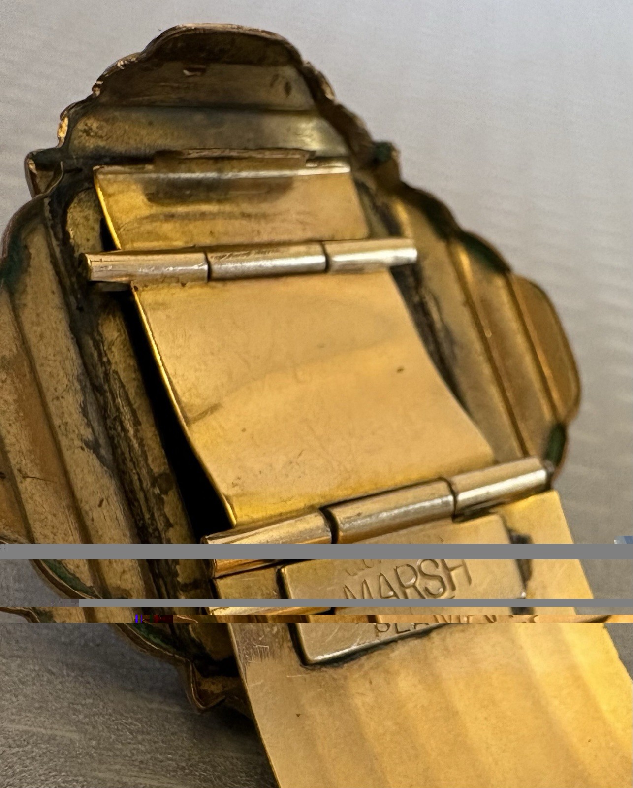 Art Deco Signed MARSH Gold Plate Bangle Snap Open Hidden Secret Locket Bracelet
