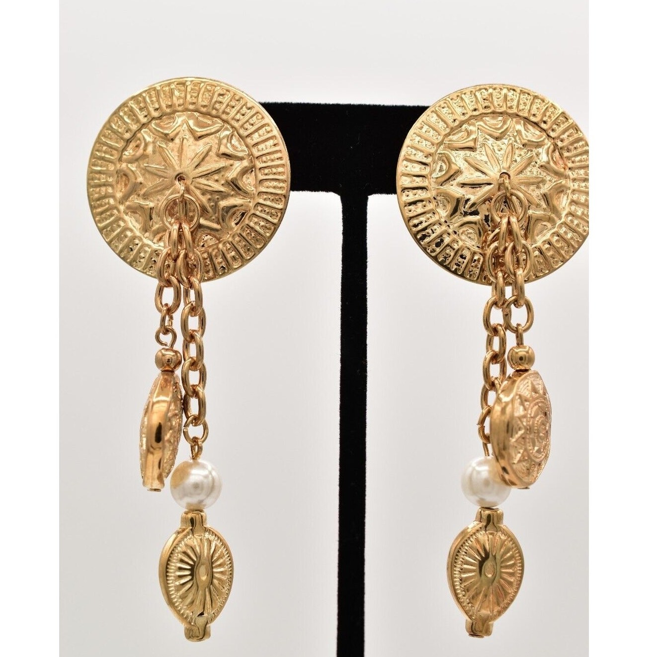 Vintage Coin Dangle Chain Earrings 3″ Pearl Etruscan Gold Chunky NOS 80s BinA18
