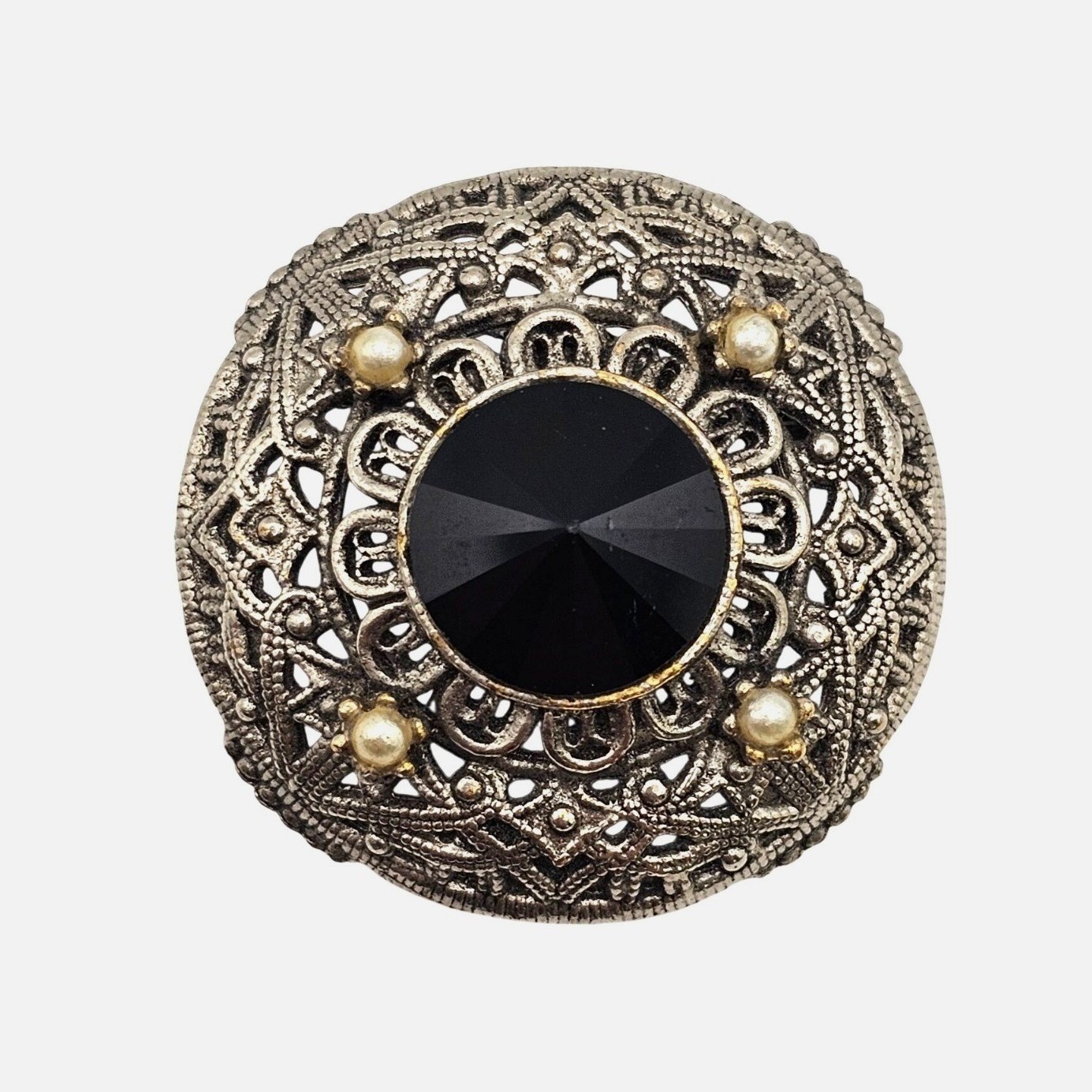 Vtg Tacoa Black Rivoli Filigree Brooch Silver Tone Victorian Revival Gothic Pin