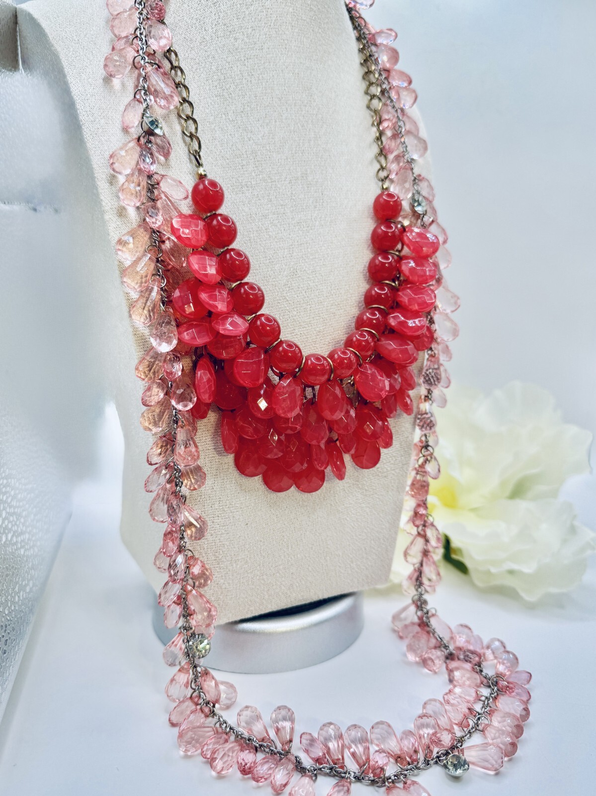 Beautiful Pink Lot 42″ & 20″ Crystal Necklaces Stunning Earrings + Gorgeous Ring