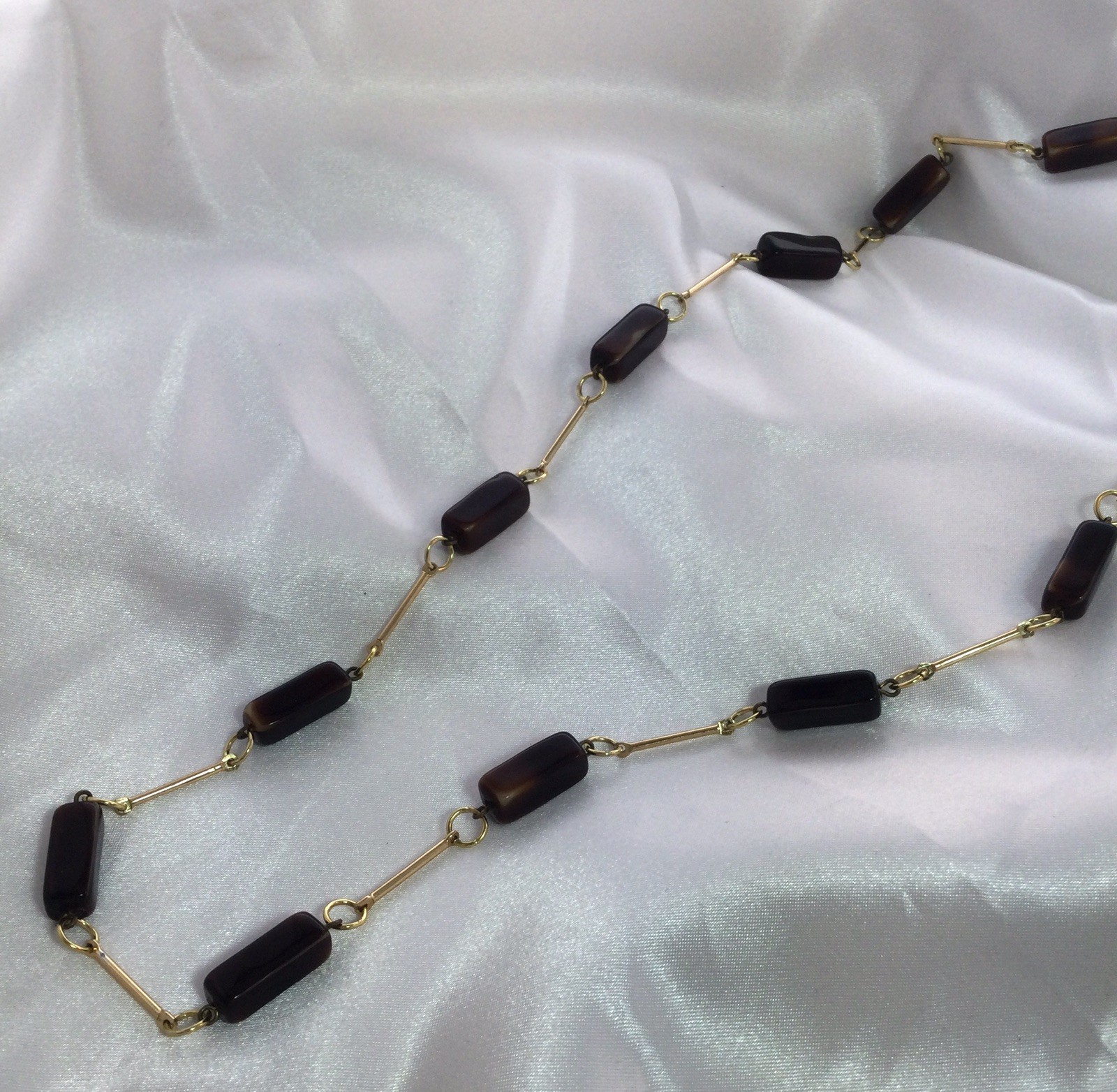 Vintage Jewellery Brown glass lozenge bead gold bar necklace Jewelry Art Deco BC