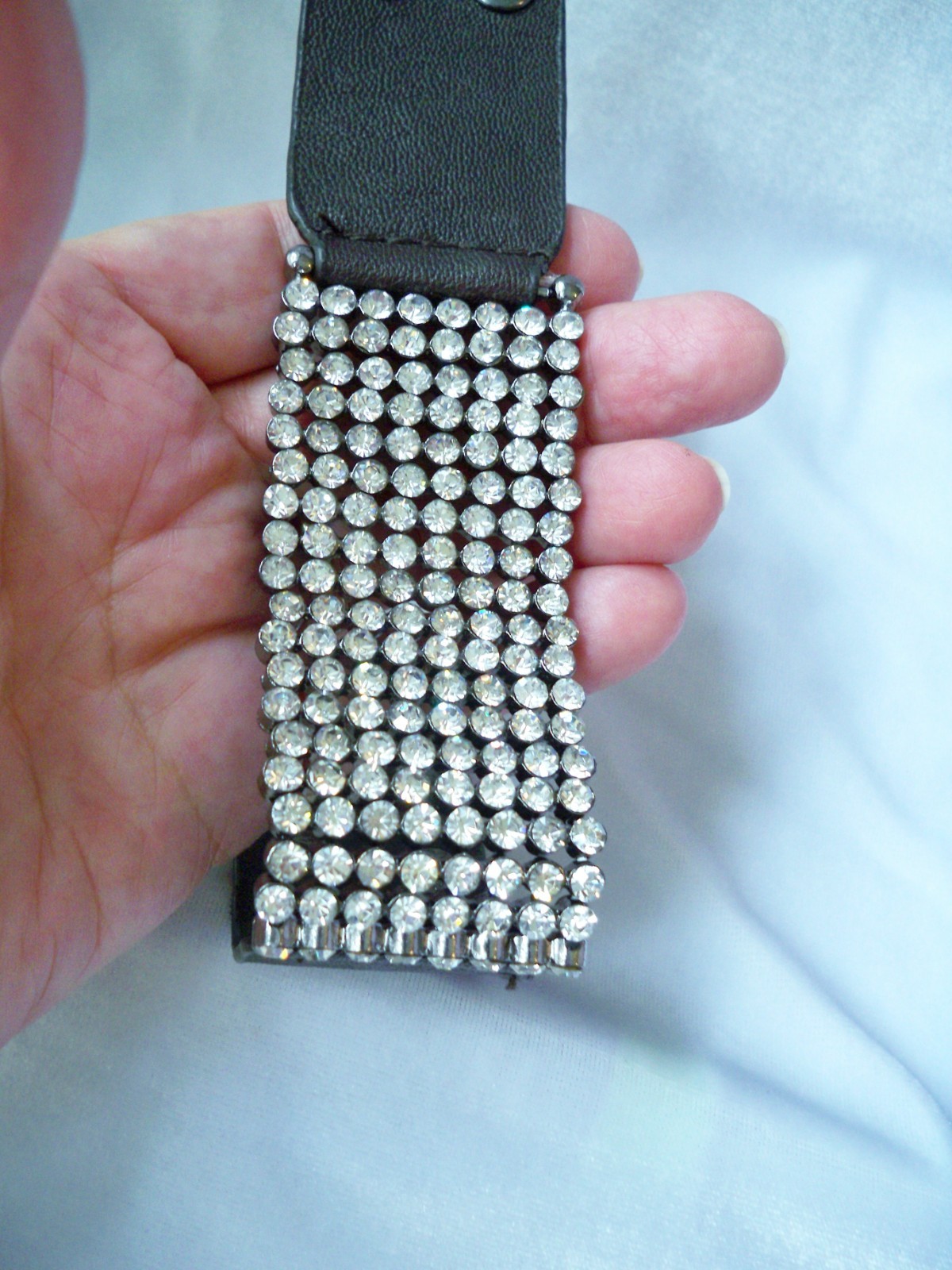 Wide 8 Row Pave Set Crystal Rhinestone & Black Faux Leather Snap Bracelet