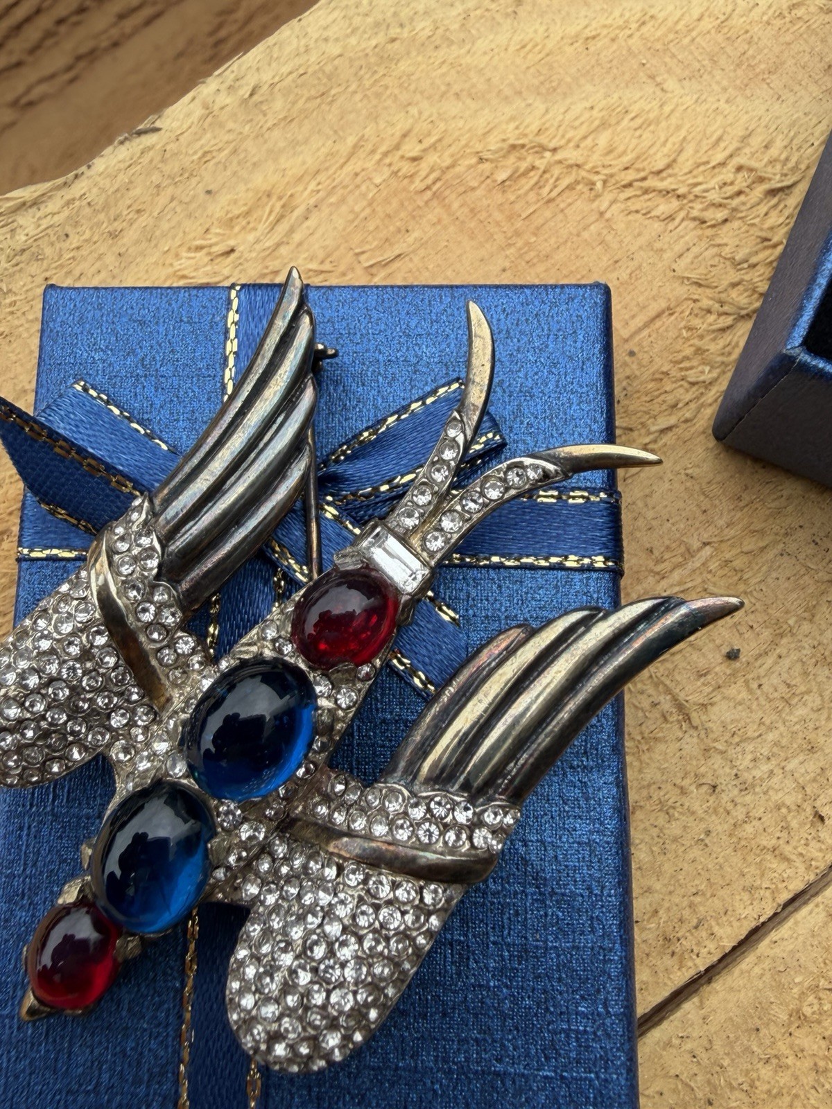 Crown Trifari Signed Huge Bird Brooch Pin Red Blue Glass Stone Rare