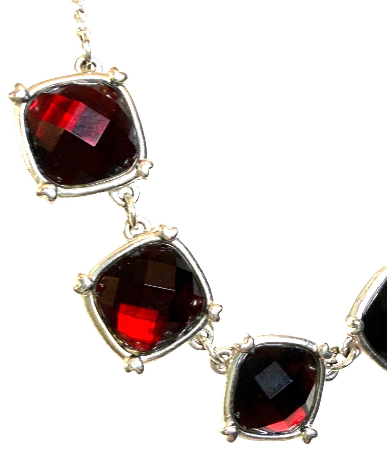 Vintage? Red Gemstone Silver Necklace With Square Faceted Stones