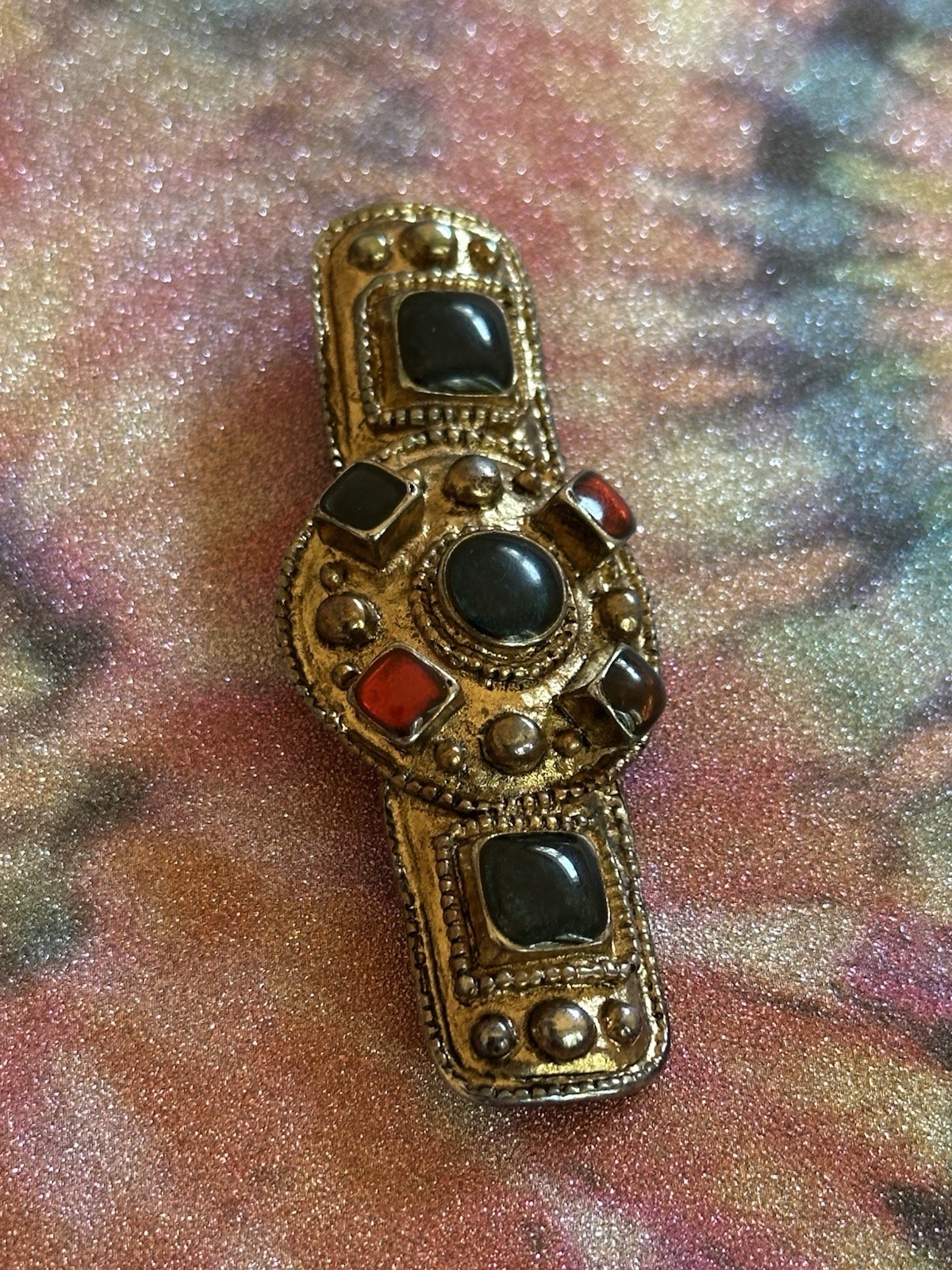 VTG French Style (Paris) Etruscan Mogul Bar Brooch/pin Multicolor Enamel,80s