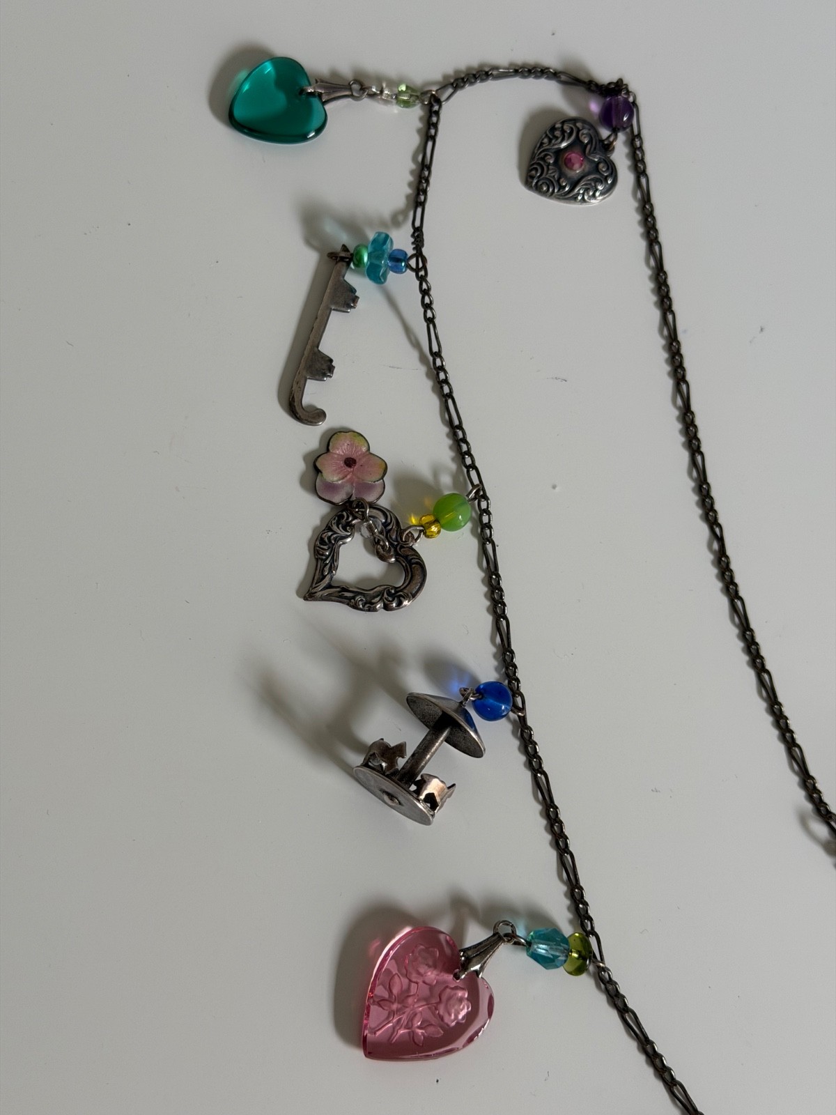 Vintage Glass Works Studio 32″ Multi Charm Necklace Love Me Spinner I Love You G