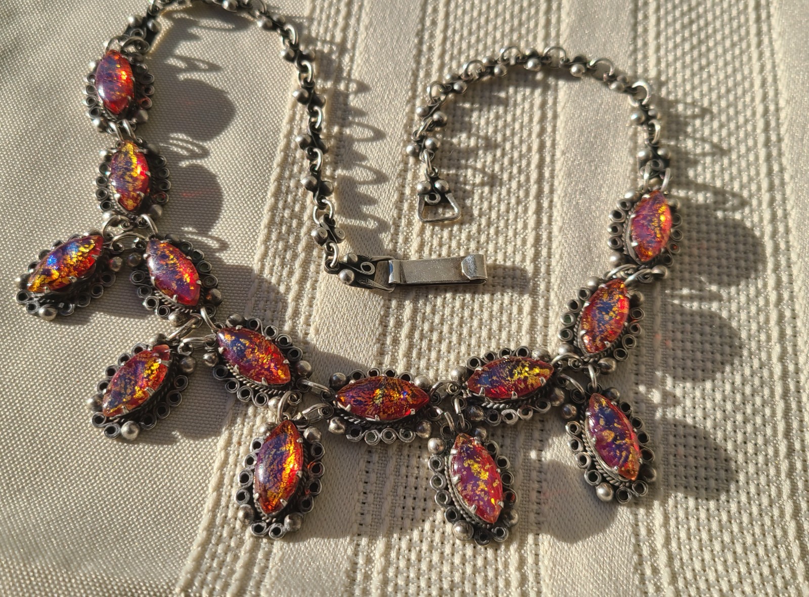 Vintage Sterling Silver Dragon’s Breath & Gold Foil Glass Jelly Opal Necklace
