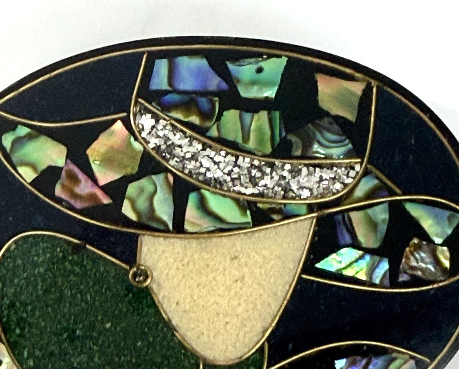 Vintage Paua Shell Brooch Earring Set Abalone Inlay Black Resin Art Deco Gatsby