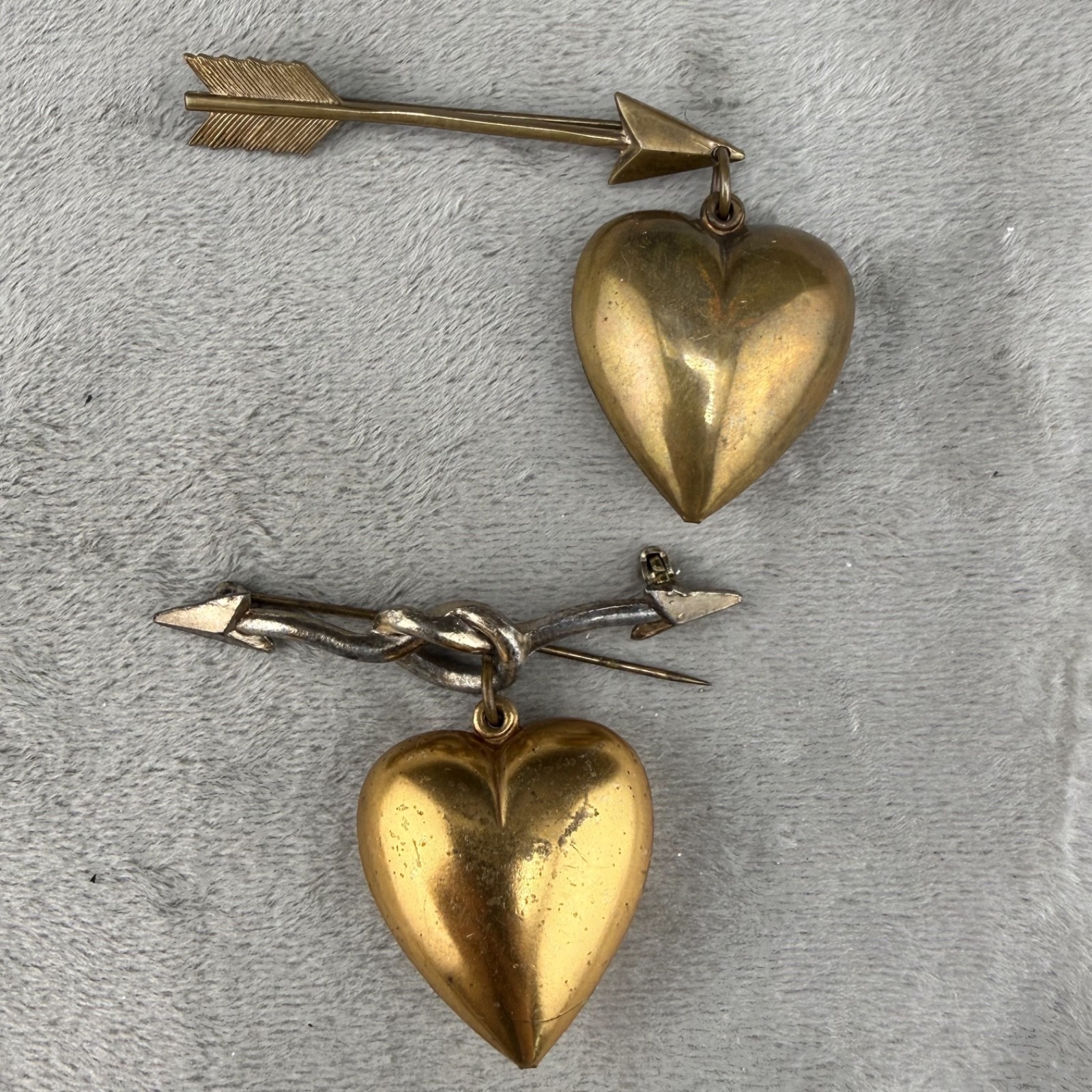Vintage Brooch Lot of 2 Puff Heart Arrow Gold Tone