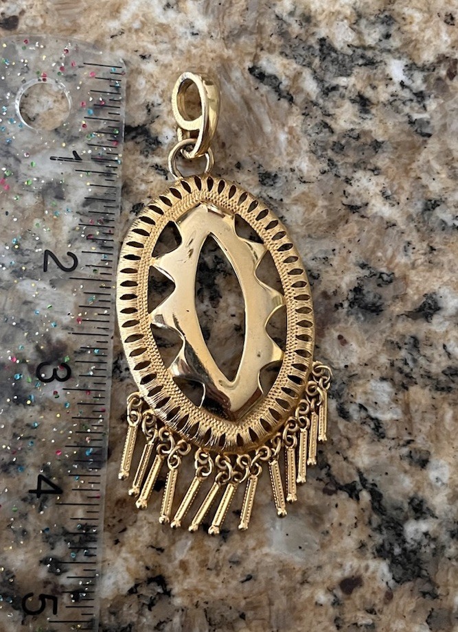 Vintage Large Gold Tone Tribal Brutalist Boho Fringe Open Oval Spike Pendant