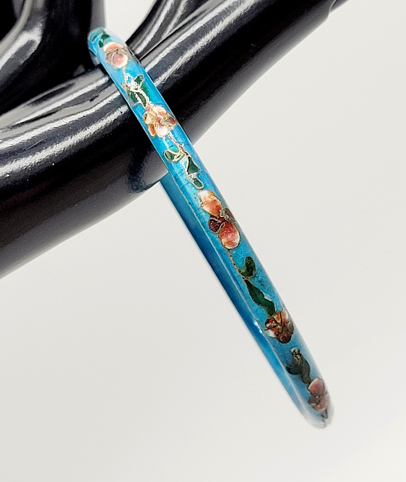 Cloisonné Light Blue Enamel Floral Hand Painted Asian Inspired Bangle Bracelet