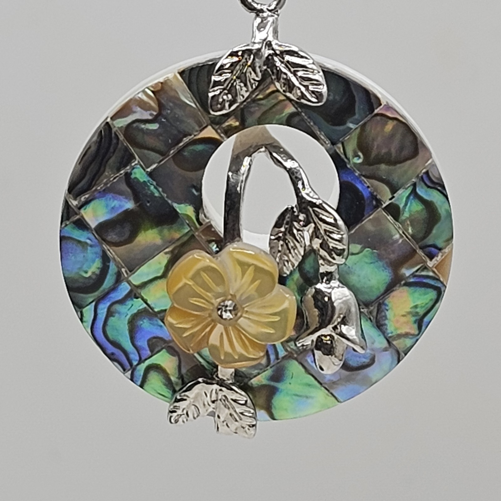 Vintage Abalone Mosaic Mother Of Pearl Floral Dangle Earrings Paua Shell Inlaid