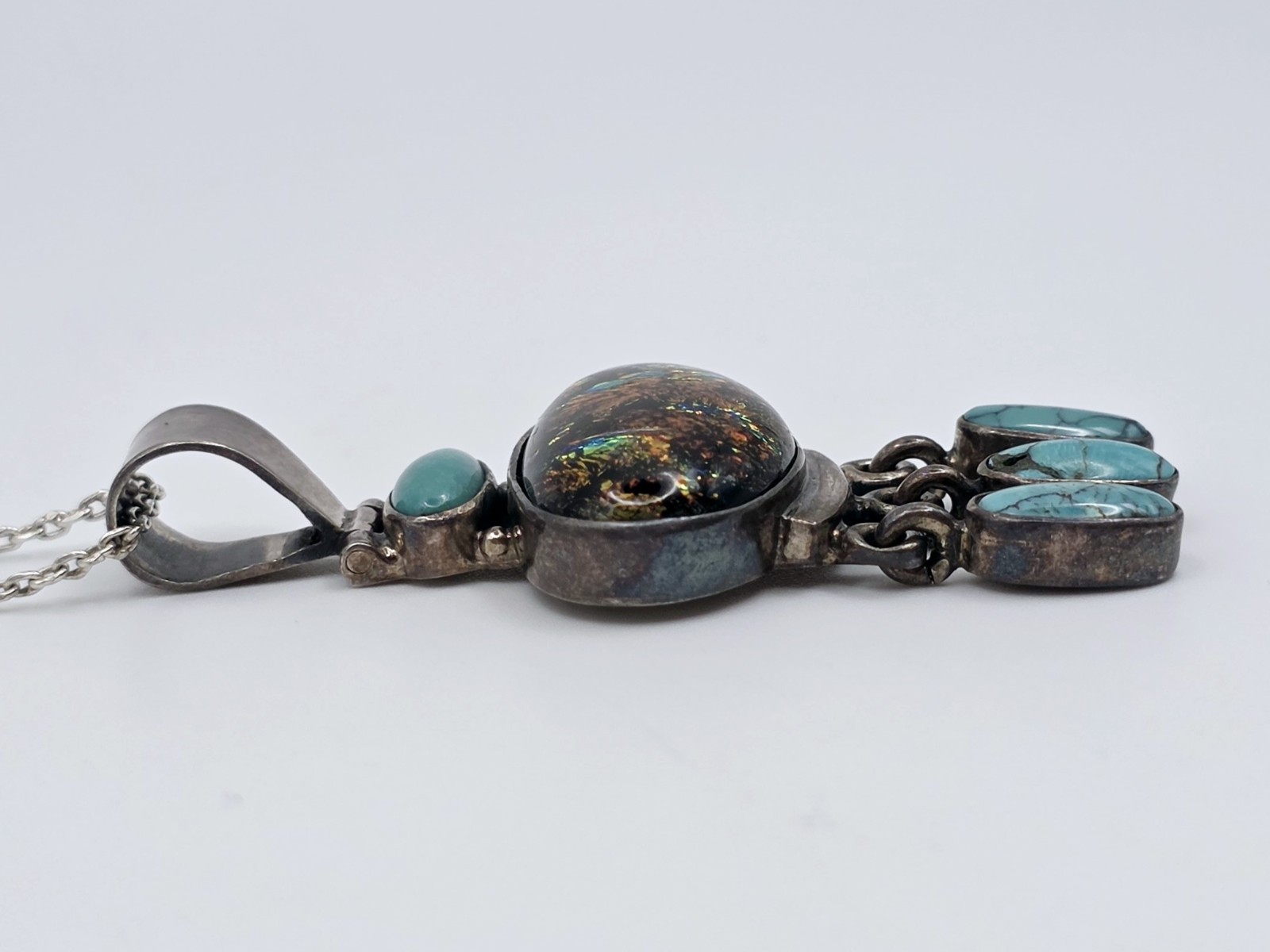 Vtg 925 Sterling Silver Dichroic Glass Turquoise Pendant Necklace Southwestern