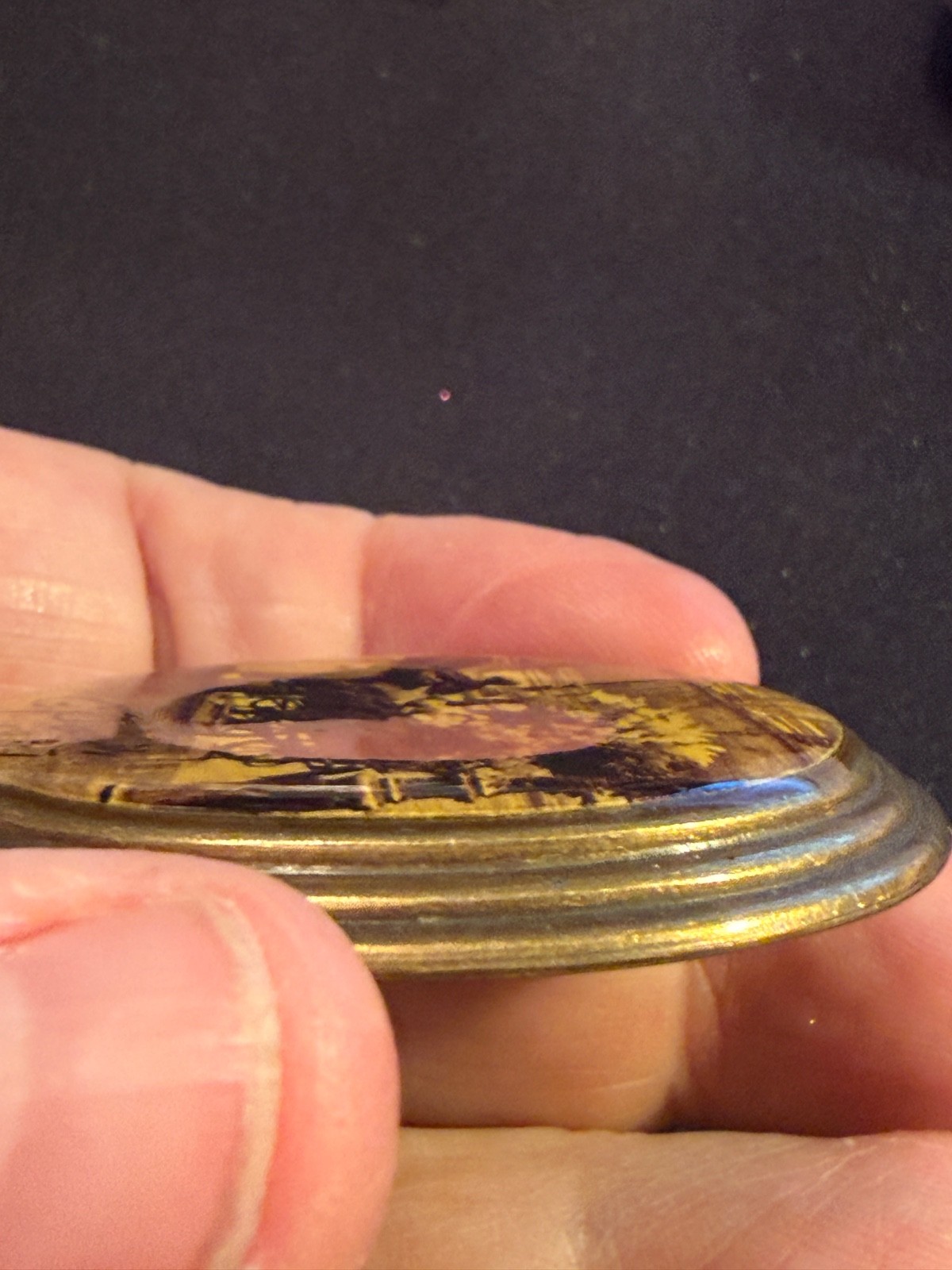 Antique Brooch w/ Picture of Flower Cart & Woman Dated Paris 1907 w/ Black Stone