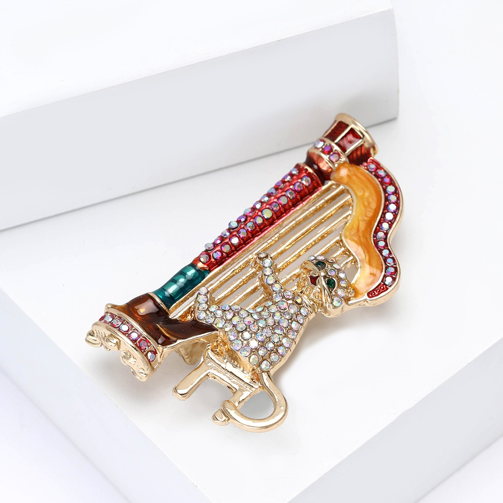Creative Harp-Playing Cat Brooch Alloy Rhinestone Pin Women’s Clothing Accessory