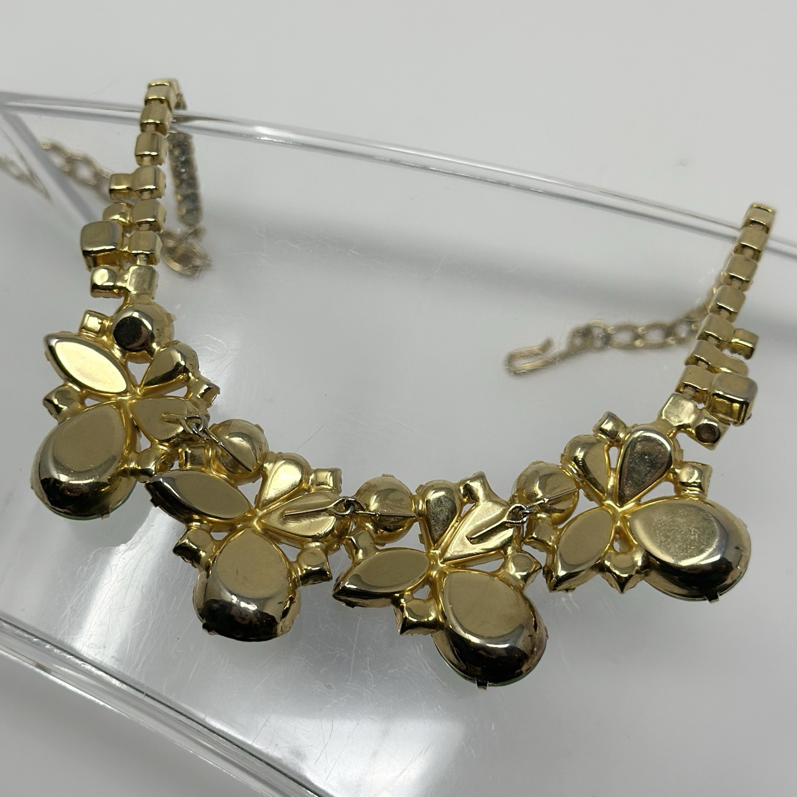 Vintage Czech Crystal Collar Necklace Green Yellow Imitation Pearl Statement 17”