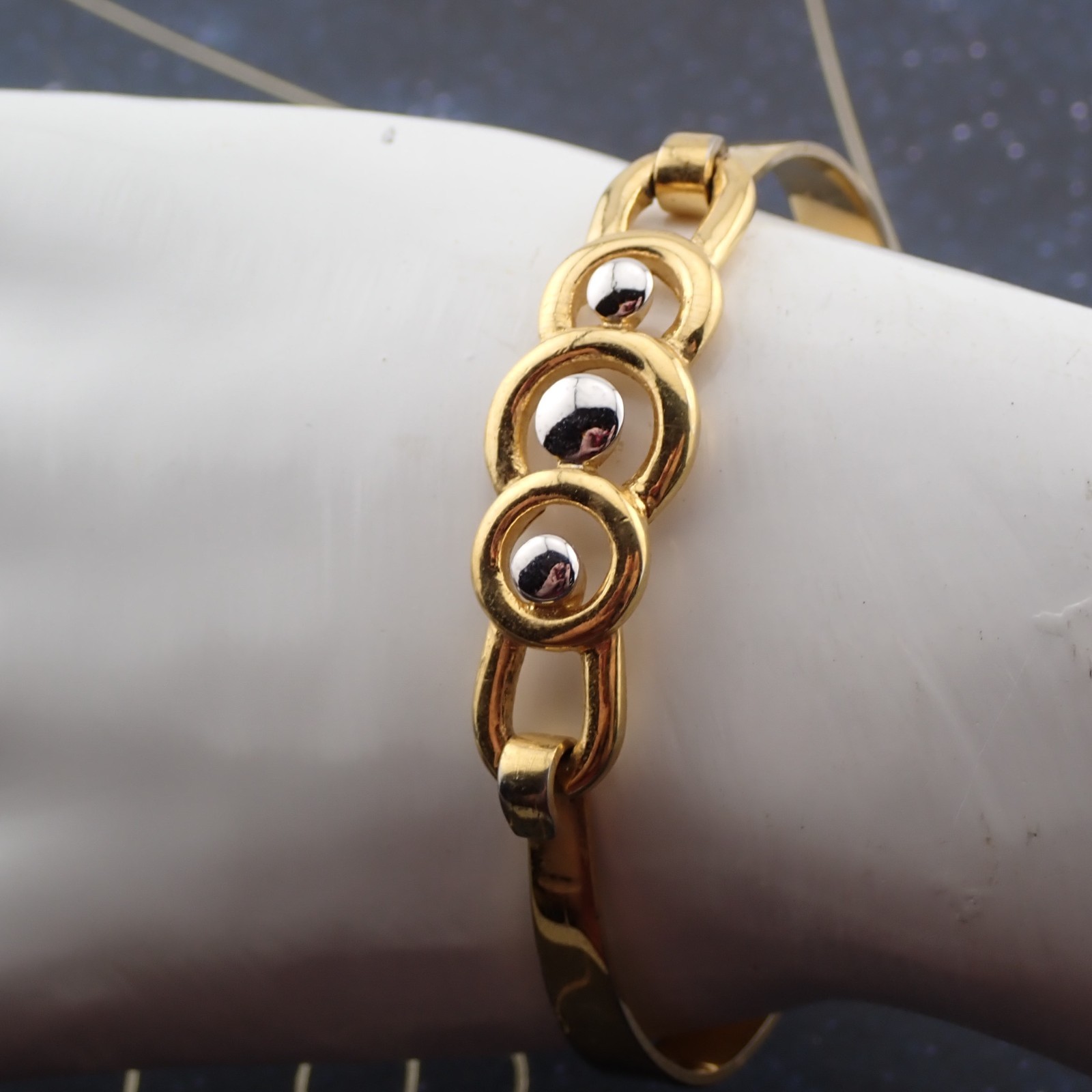 Vintage Crown Trifari Gold Silver Tone 6 1/4″ Petite Tension Bangle Bracelet