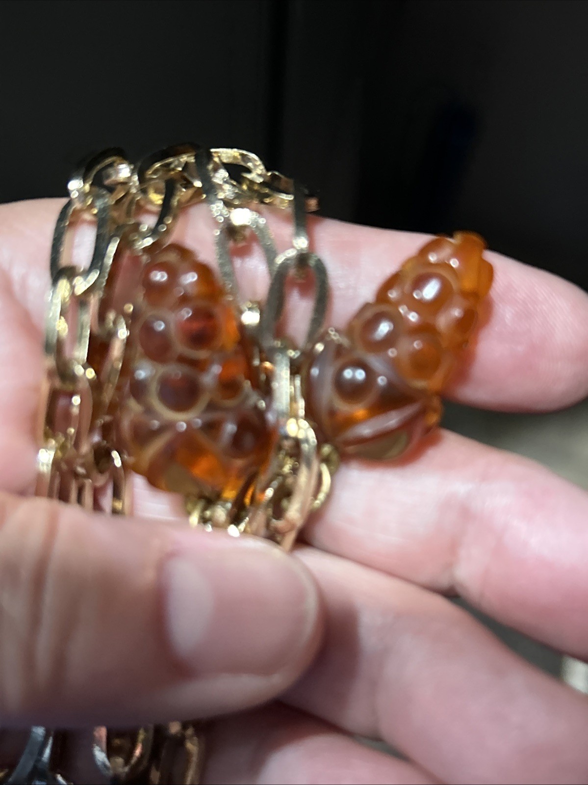 Vintage Test Bakelite Apple Juice Grape Clusters 24K Dipped Gold Plate Necklace