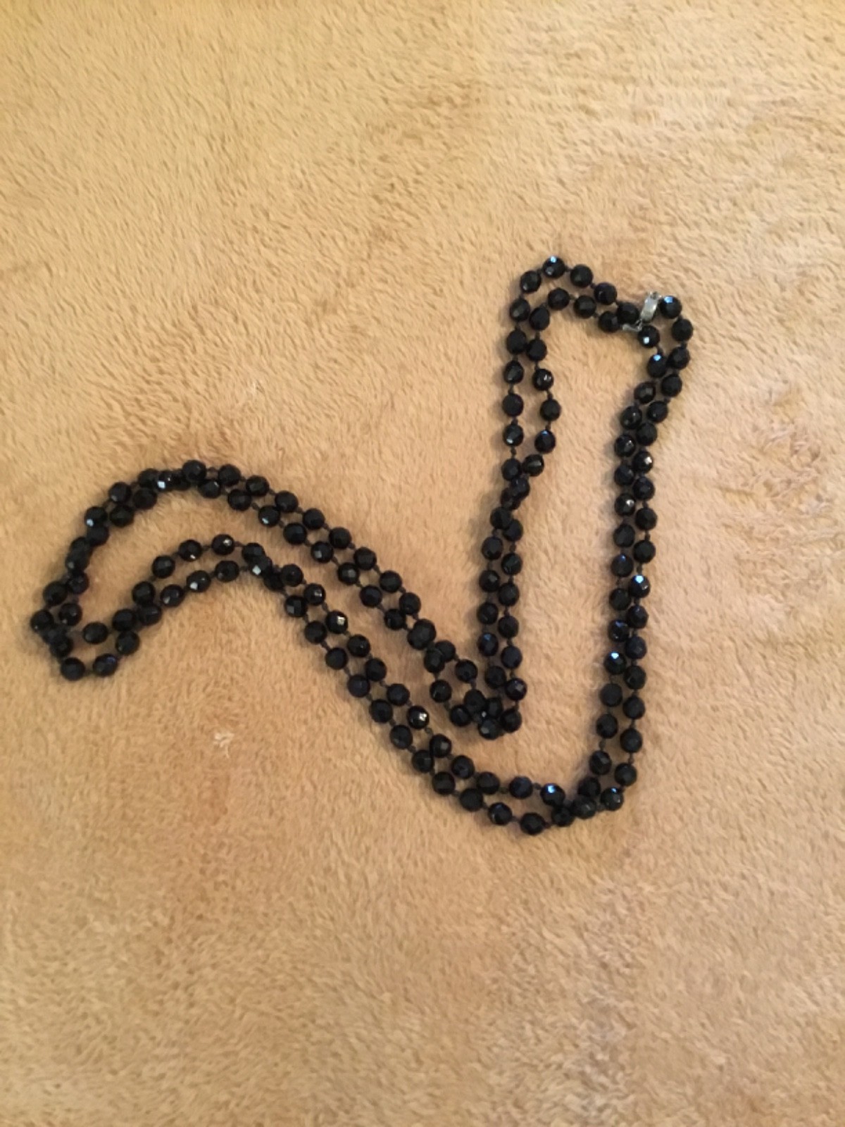 Vtg Black AUSTRIAN 68″ Knotted Cut Crystal Beads XL Necklace-Silver Tone Clasp