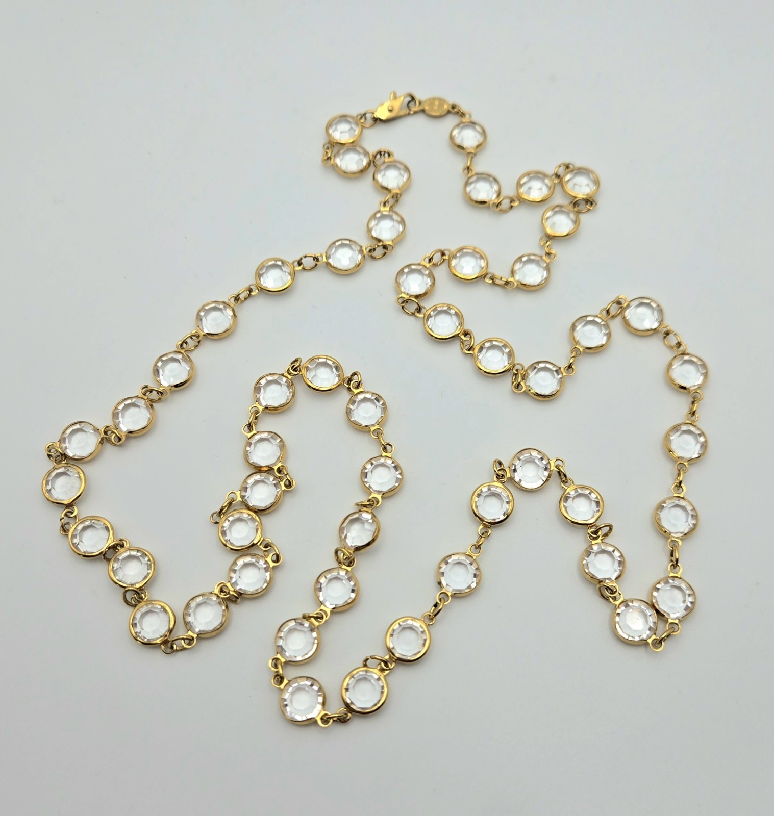 Vintage AUSTRIAN CRYSTAL Clear Open Back Bezel Set Gold Necklace 34″