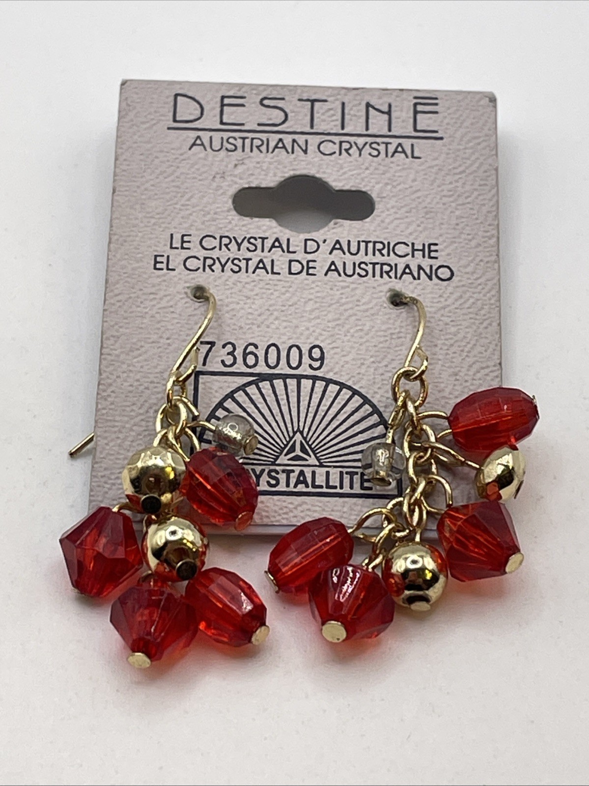 Earrings Austrian Crystal Red Acrylic Gemstones Gold Tone Hook Dangle Jewelry