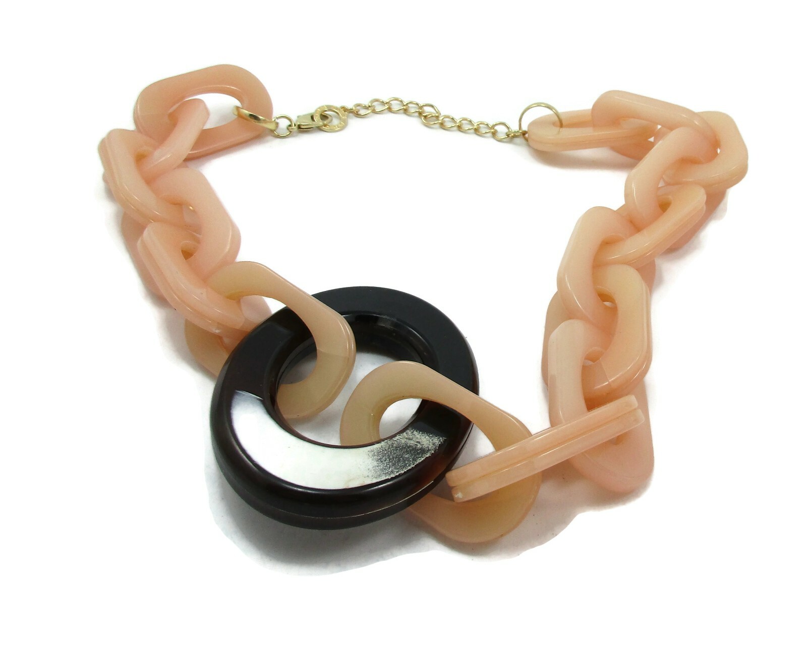 VINTAGE DENIS & CHARLES RUSH GOLD TONE CHUNKY PEACH BROWN MARBLED OVAL NECKLACE