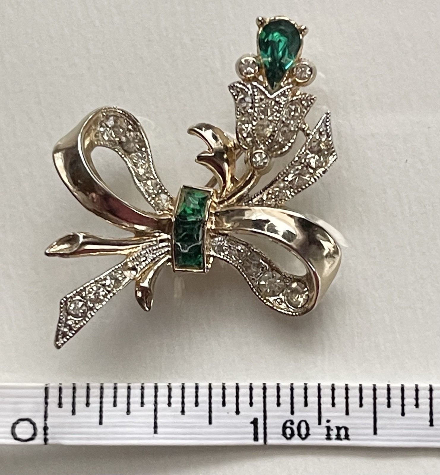 Vintage Coro Green & White Rhinestone Flower Bouquet Bow Brooch Pin