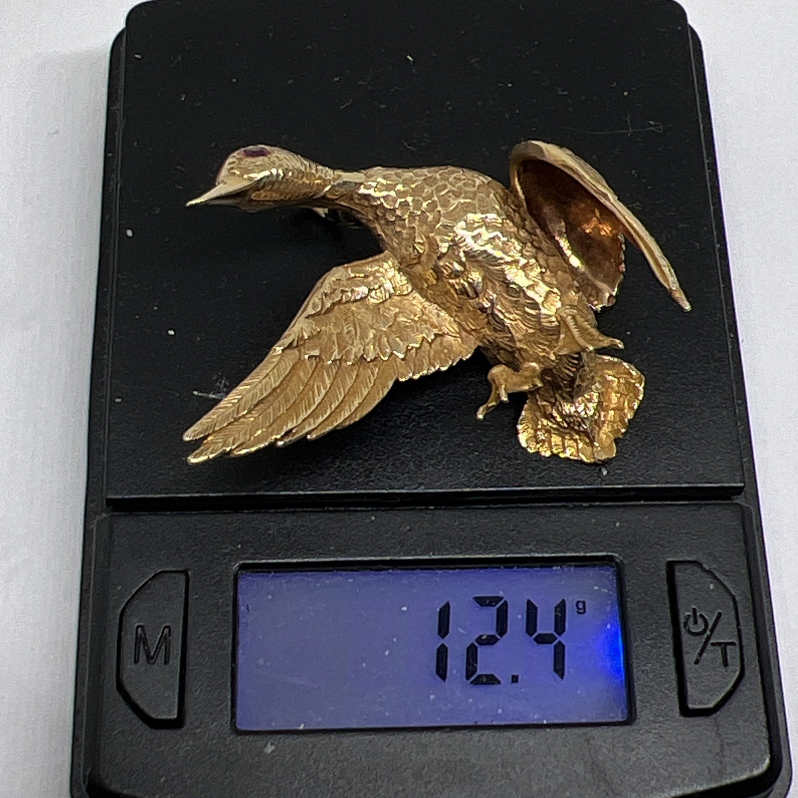 Vintage 14K Gold Mallard Duck Brooch Pendant 12.4g Ruby Eye Convertible