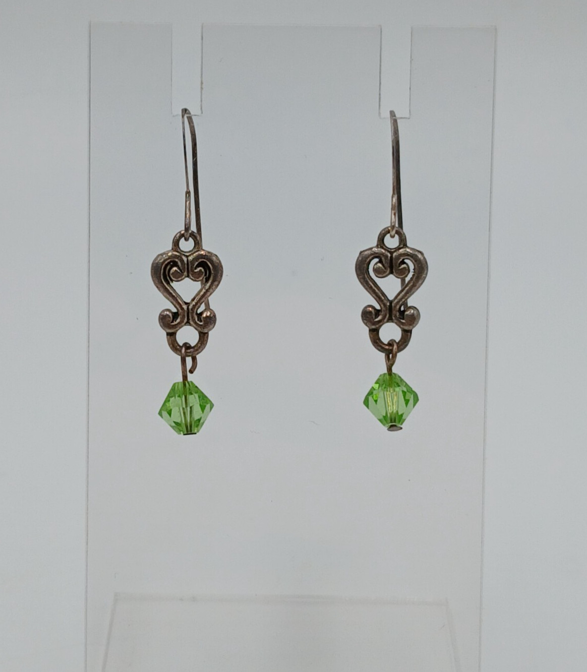VTG 925 Green Bicone Crystal Earrings 1.25in Drop Sterling Silver Heart Scroll