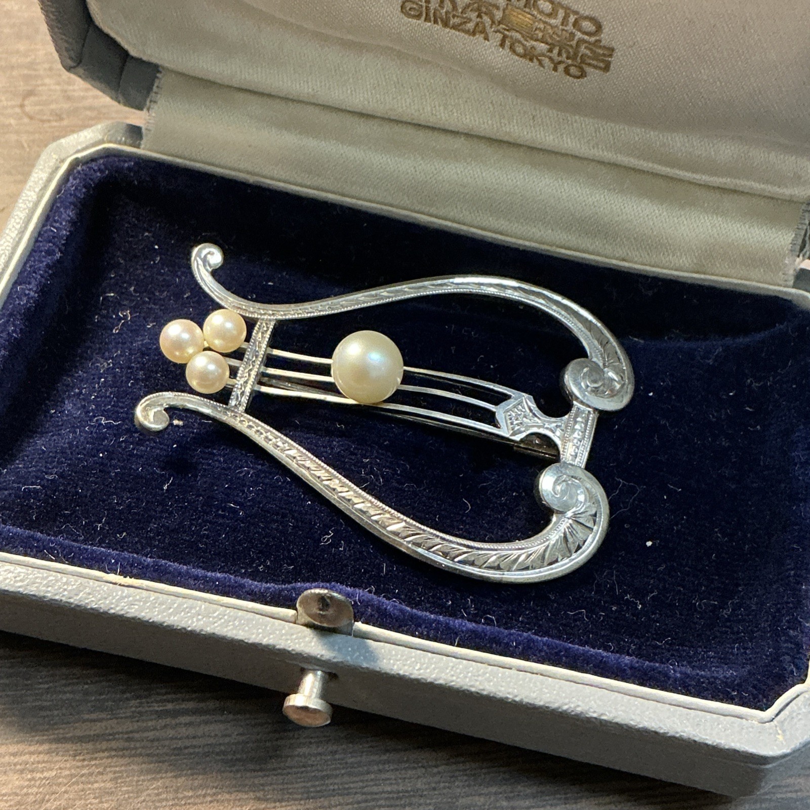 Vintage Mikimoto Sterling Silver Pearl Art Deco Harp Lyre Brooch