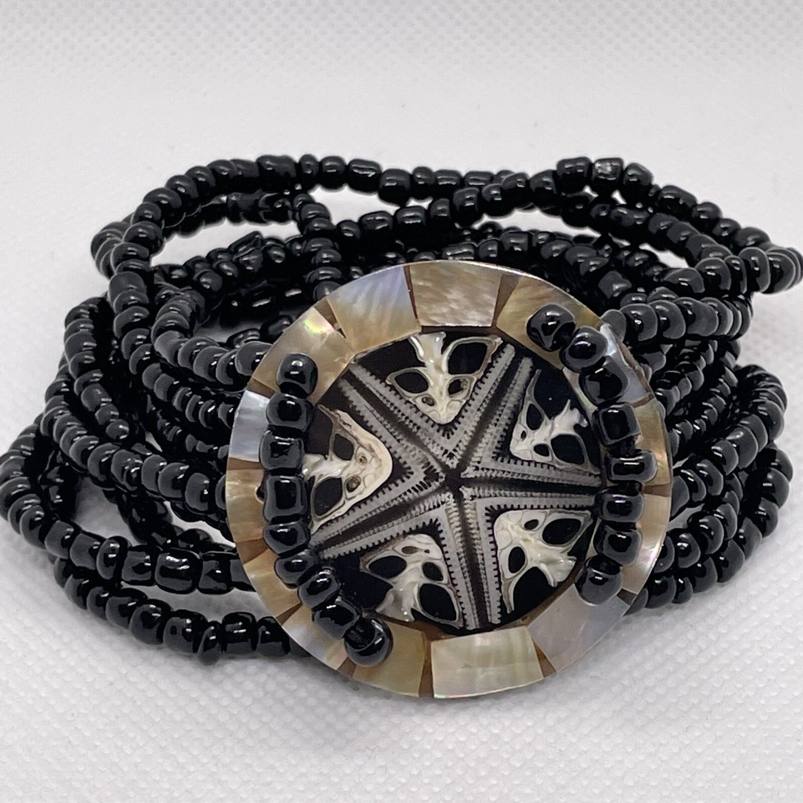 Starfish Stretch Cuff Bracelet MOP Mother Of Pearl And Black Seed Bead