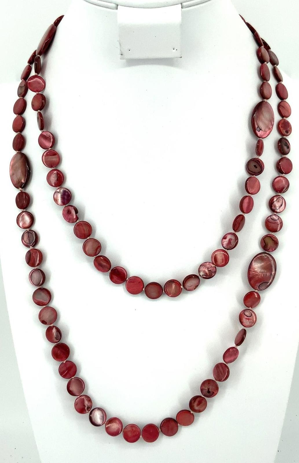Vintage Shell Discs Flapper Necklace Red Iridescent Long Knotted Bead Strand