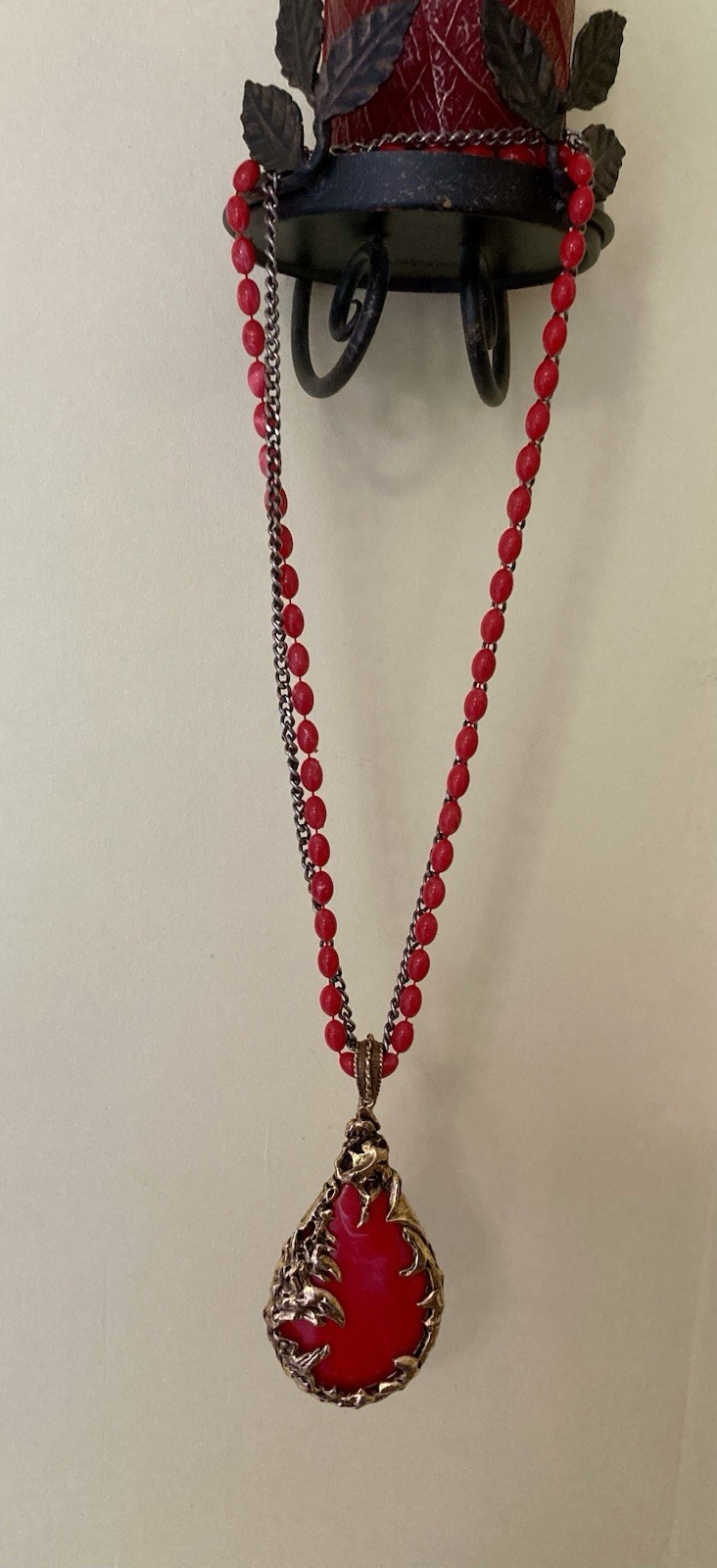Vintage 1960s Brutalist Love Witch Necklace Deep Coral Lucite Gold Pendant