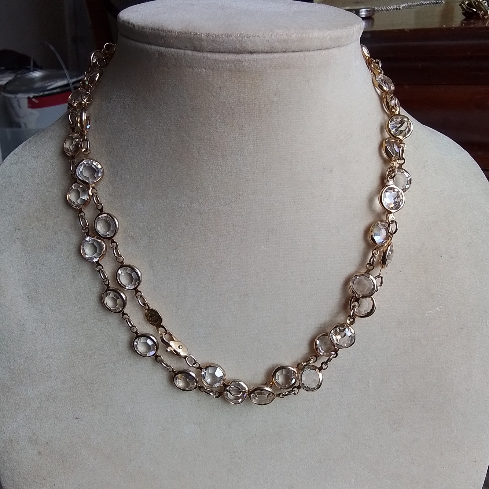 Austrian Crystal Necklace, USA, Clear, Goldtone Metal, 33″L, Lobster Clasp EUC