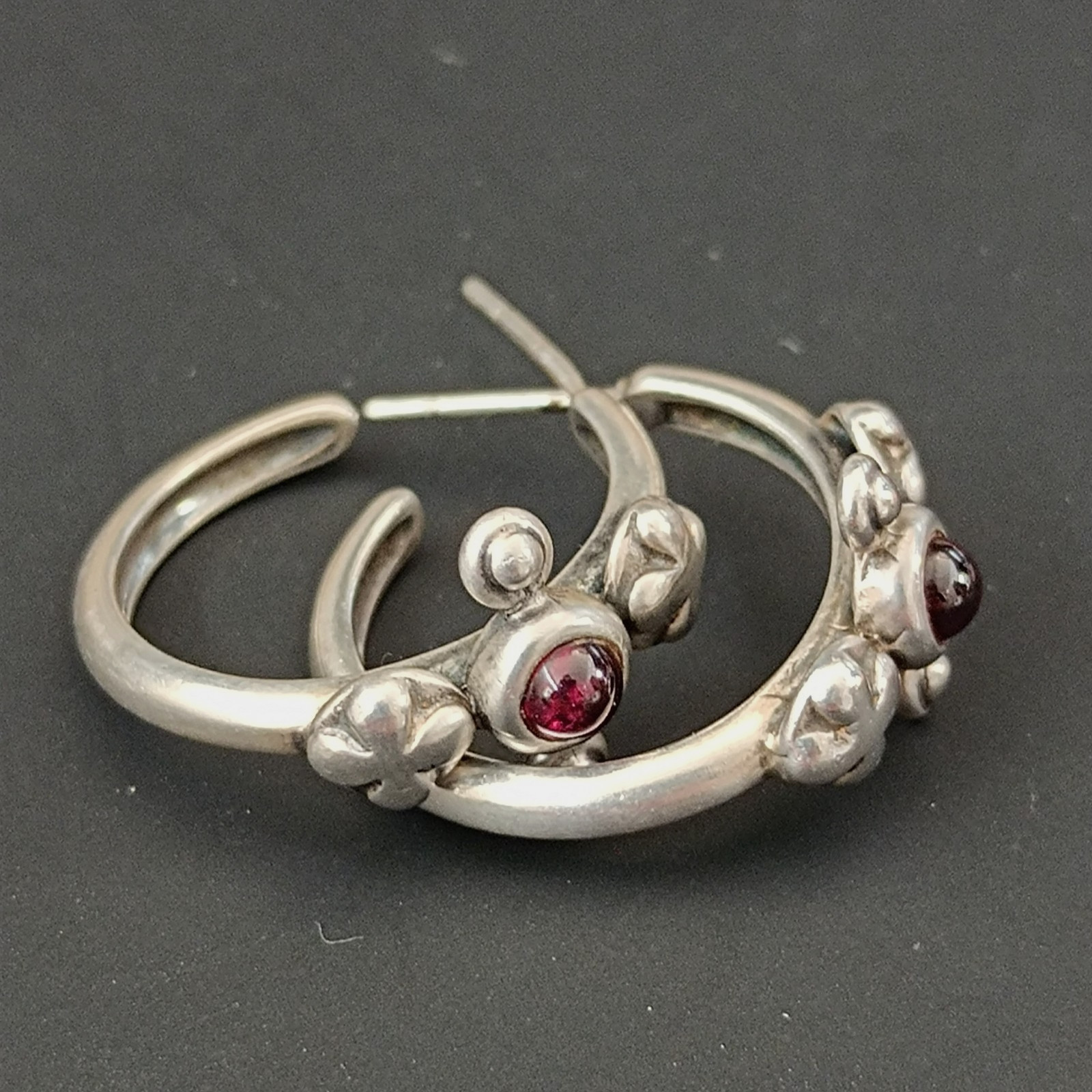 Vintage Silver Hoop Earrings Garnet Cabochon Boho Handmade Sculptural Artisan