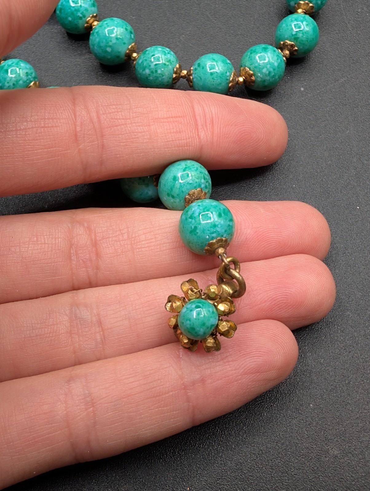 MIRIAM HASKELL Green Speckled Peking Faux Jade Glass Bead Necklace Earrings Set
