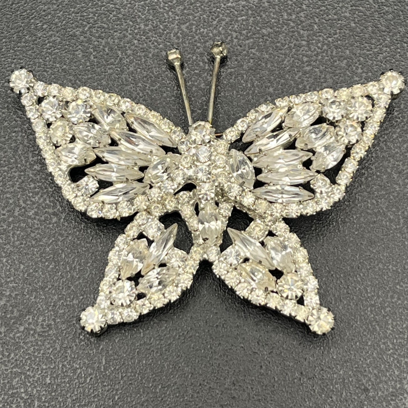 Mid Century Rhinestone Butterfly Brooch Silver Tone Navette Wings