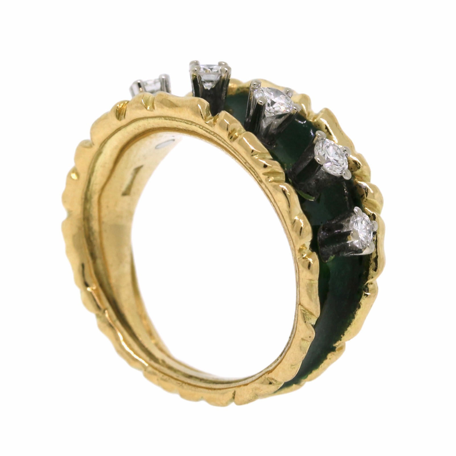 Tiffany & Co 18K Yellow Gold Diamond Green Enamel Ring Size 4.75