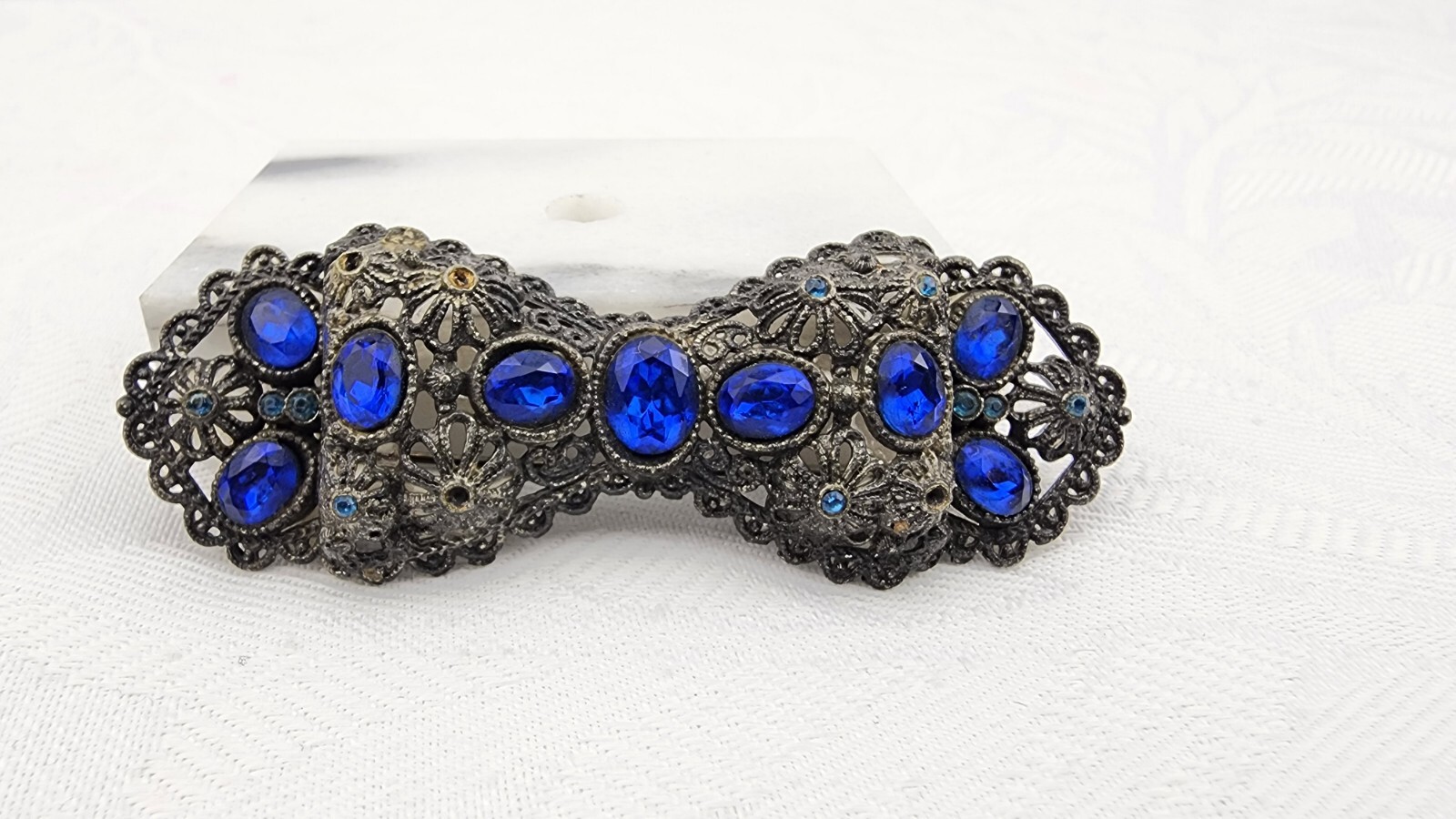 Vintage New England Filigree Glass Work Midnight Blue Stones Brooch Lapel Pin