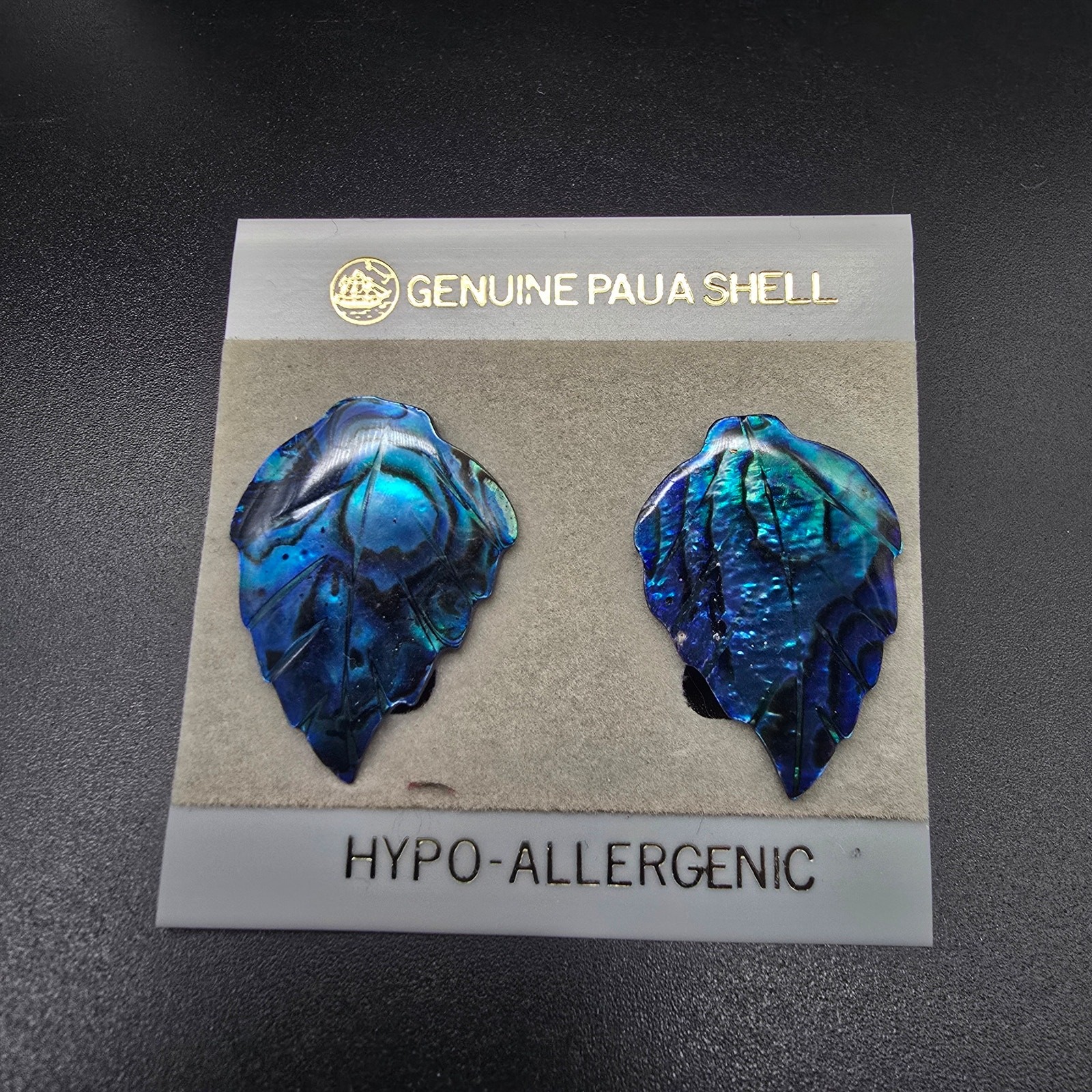 Blue Carved Leaf Paua Shell Earrings Pierced Post On Card