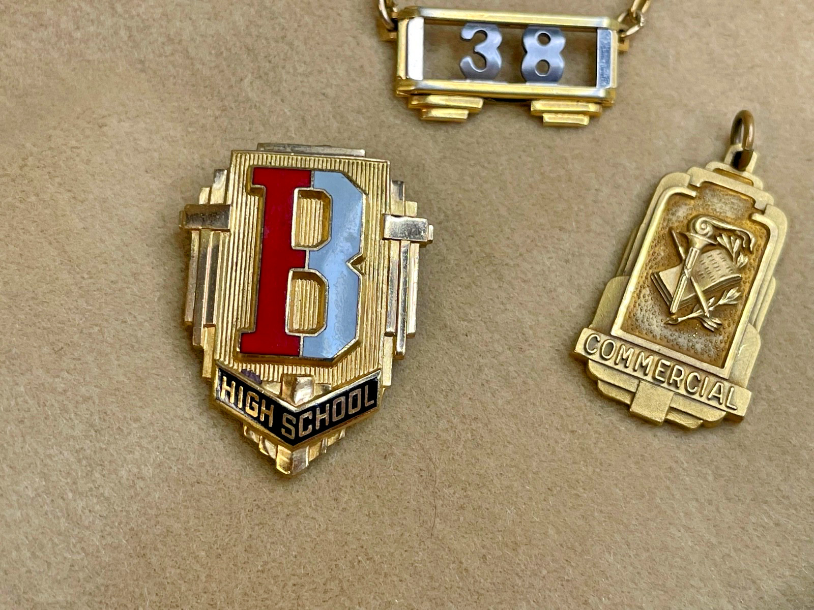 Suite of 3 Art Deco High School ’38 Swank? Tie Clip Lapel Pin “B” Balfour Charm