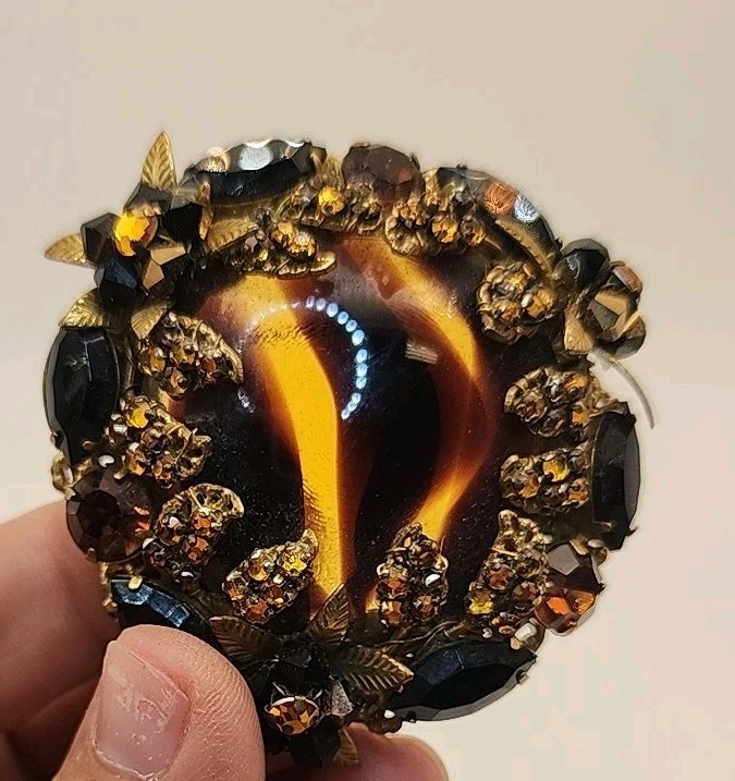 VTG Original By Robert Rare Huge Amber & Black Rhinestone Glass Brooch 2.5″