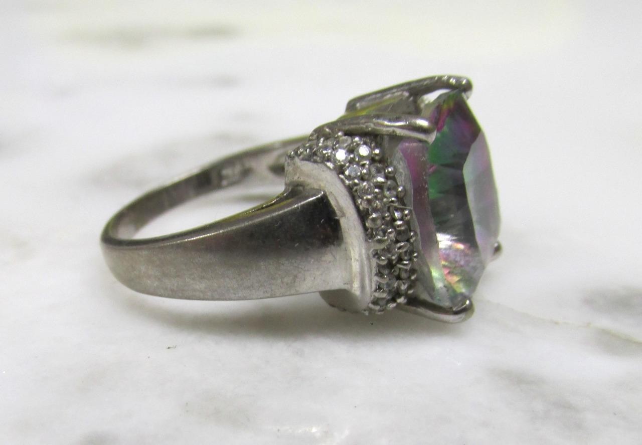 Mystic Topaz & Clear Stone Sterling Silver Cocktail Ring Sz 6.25 ~ 5.7g ~ 4-C347